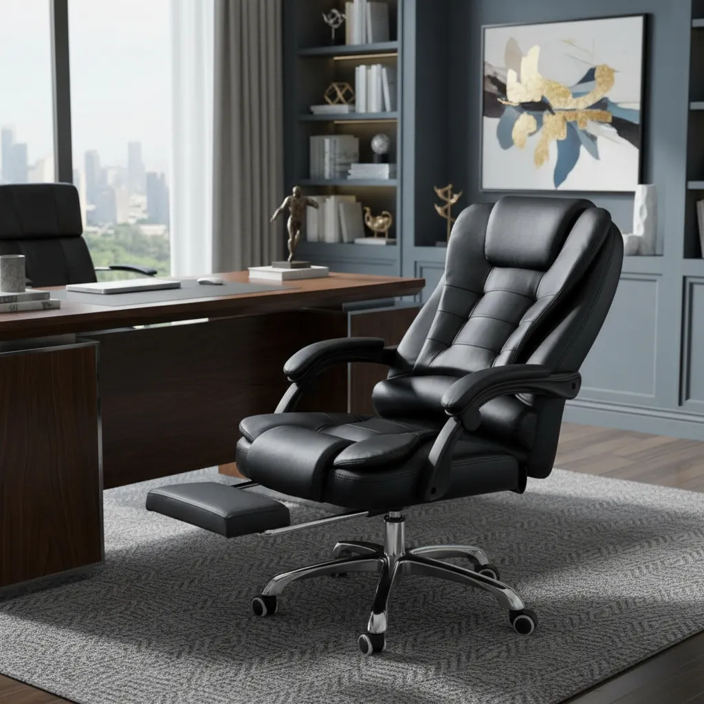 Cadeira De Escritório Presidente Ergonômica Python Fly Couro Sintético Encosto Ajustável Com Trava E Apoio Para Pés Cor Preta
