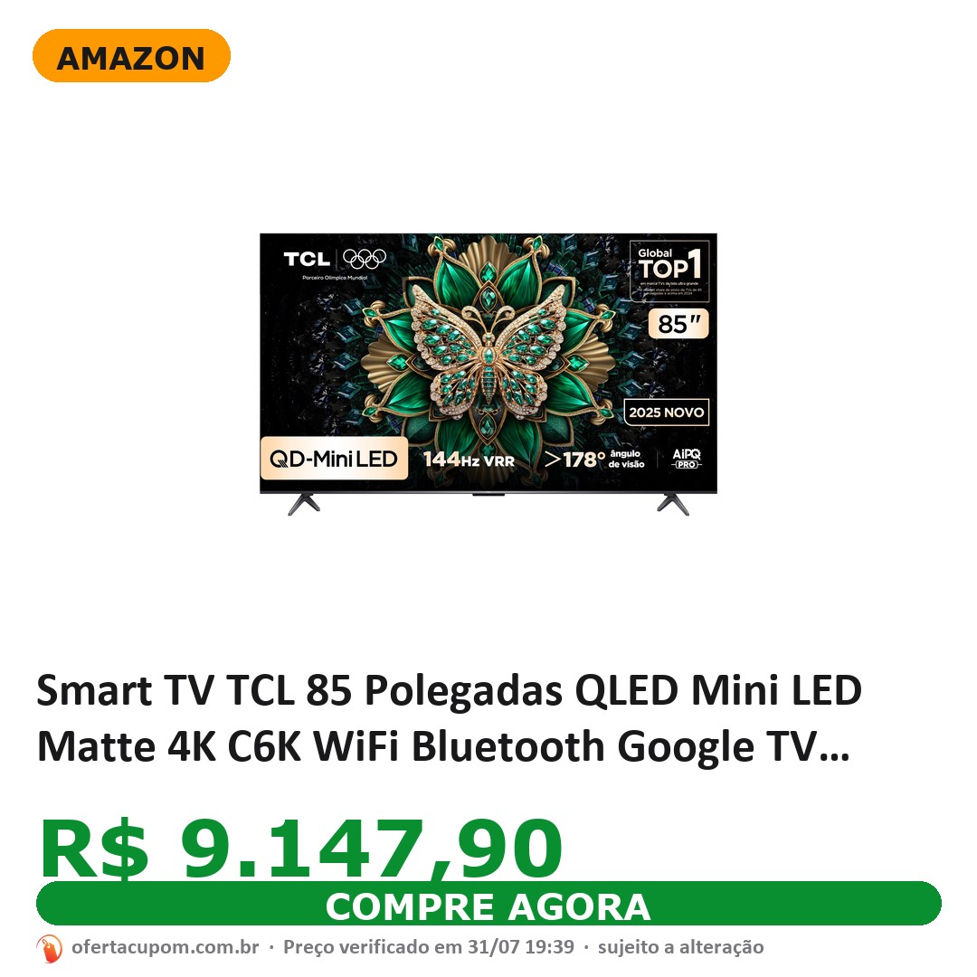 Smart TV TCL 85 Polegadas QLED Mini LED Matte 4K C6K WiFi Bluetooth Google TV 144Hz VRR HDR10+ 85C6K