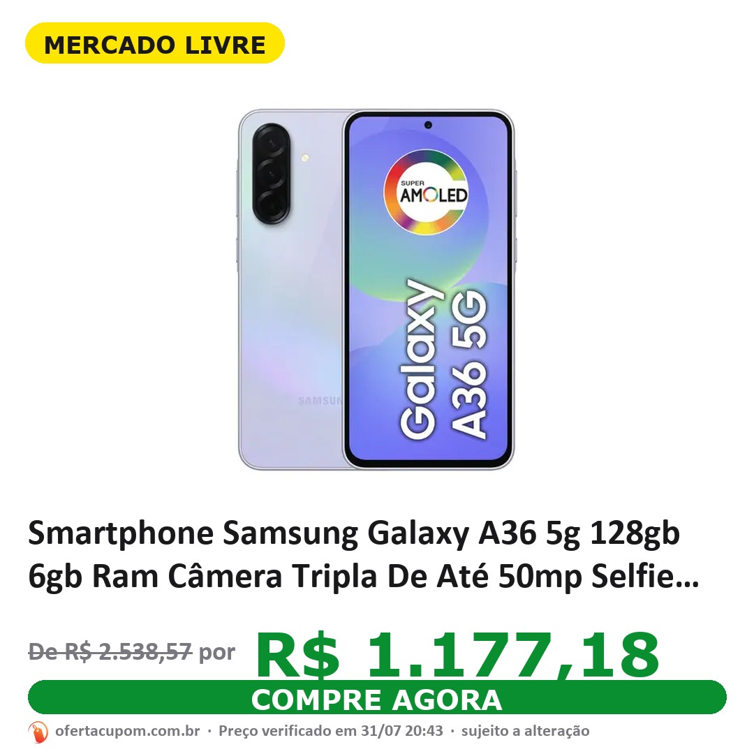 Smartphone Samsung Galaxy A36 5g 128gb 6gb Ram Câmera Tripla De Até 50mp Selfie De 12mp Ip67 Super Amoled 6.7&quot&quot Nfc Recursos Ai Android E Segurança Snapdragon - Violeta