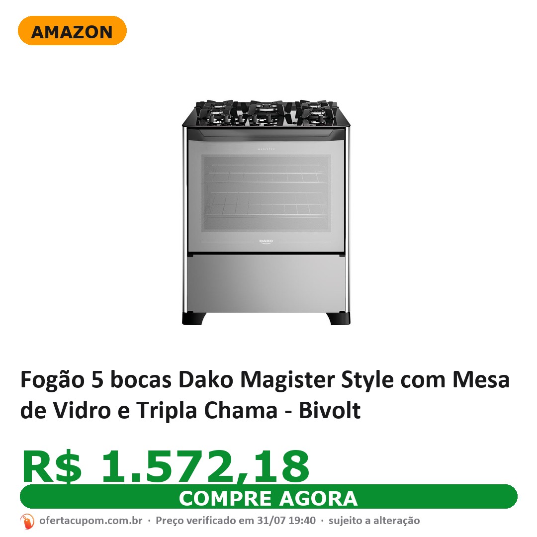 Fogão 5 bocas Dako Magister Style com Mesa de Vidro e Tripla Chama - Bivolt
