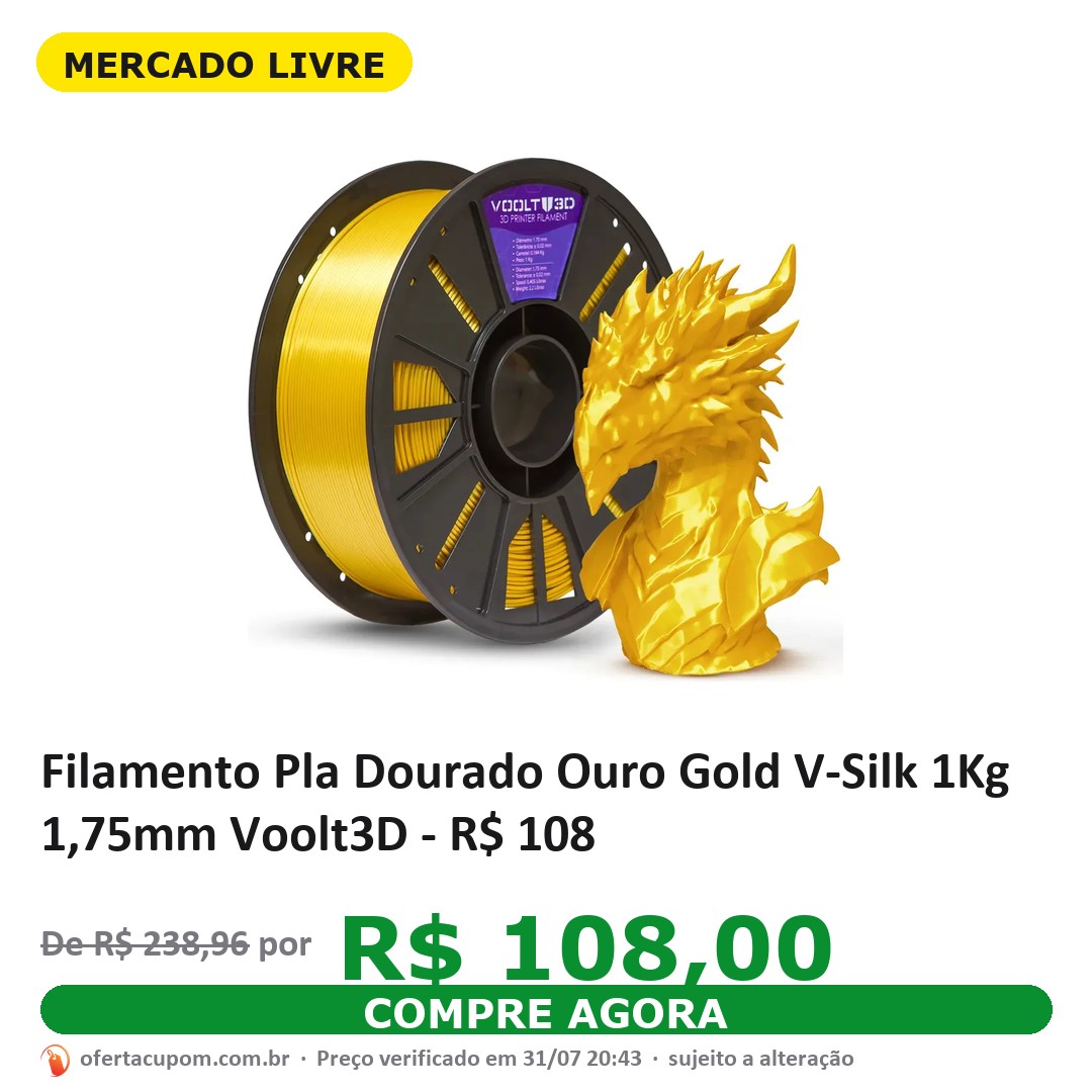 Filamento Pla Dourado Ouro Gold V-Silk 1Kg 1,75mm Voolt3D