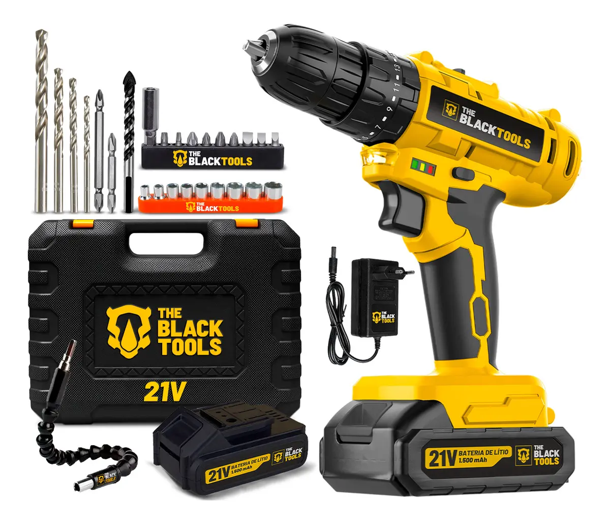 Parafusadeira Furadeira De Impacto A Bateria 21V 3/8” Bivolt 1400 Rpm Com Acessórios E Maleta TB-21PZW The Black Tools - R$ 119,9