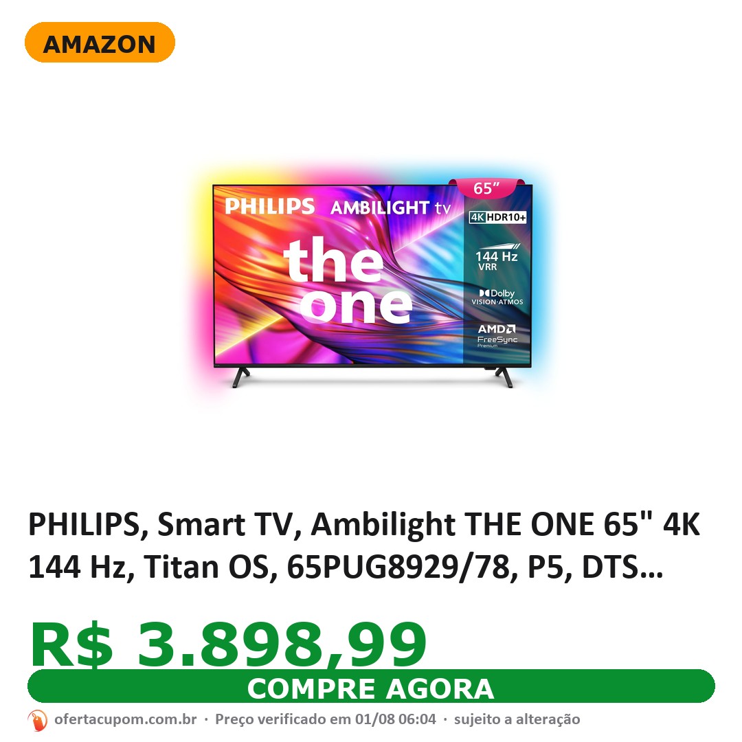 PHILIPS, Smart TV, Ambilight THE ONE 65" 4K 144 Hz, Titan OS, 65PUG8929/78, P5, DTS Play-Fi, Freesync, Dolby Vision e Atmos, 40 WRMS