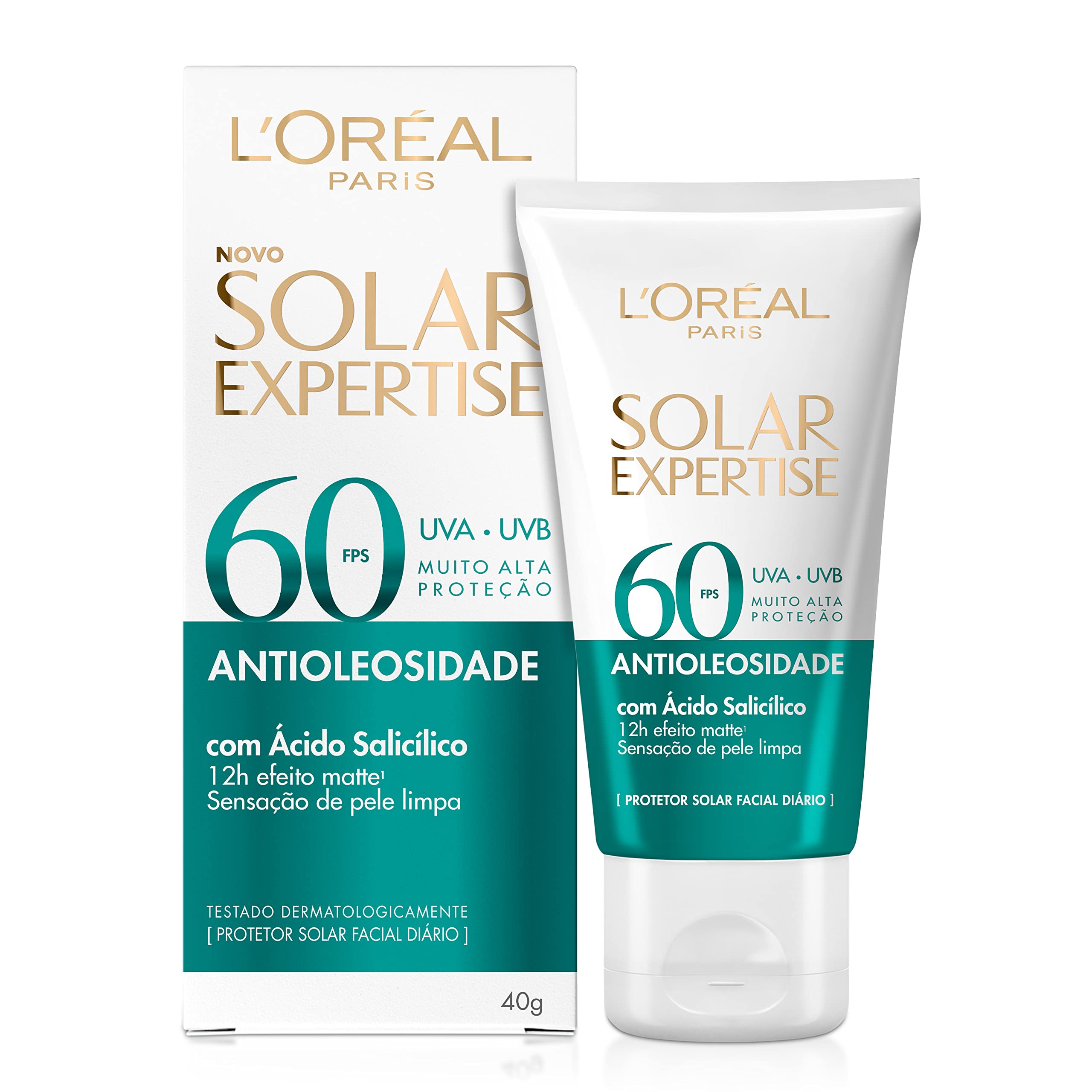 L'Oréal Paris Protetor Facial Solar Expertise Antioleosidade FPS 60, 40g | com Ácido Salicílico, possui Efeito Matte e Controle de Oleosidade por 12h.