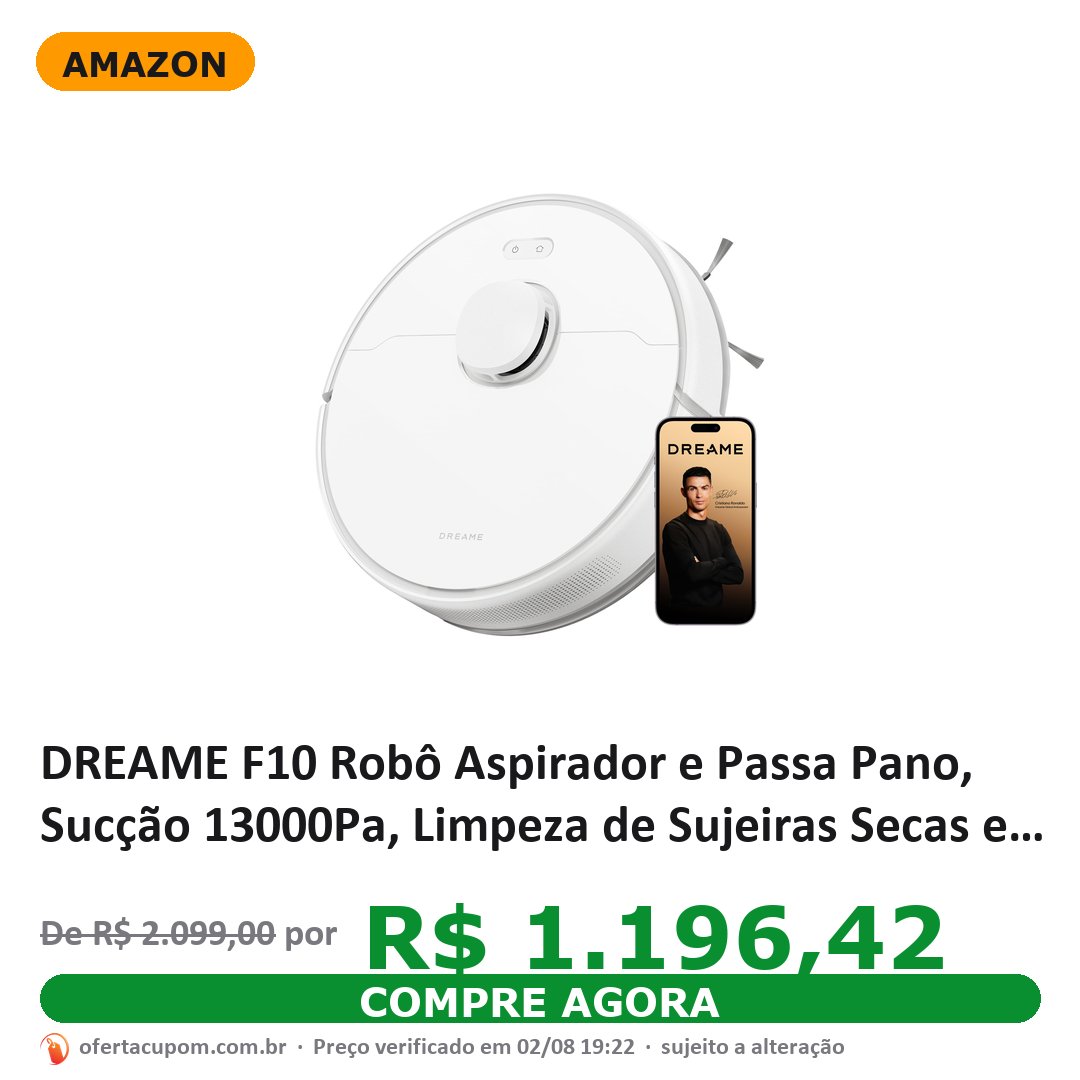 DREAME F10 Robô Aspirador e Passa Pano, Sucção 13000Pa, Limpeza de Sujeiras Secas e Úmidas e Carpetes, Desvio de Obstáculos, Remoção de Pelos e Resíduos de Pets, Autonomia 300 min, Alexa, Bivolt