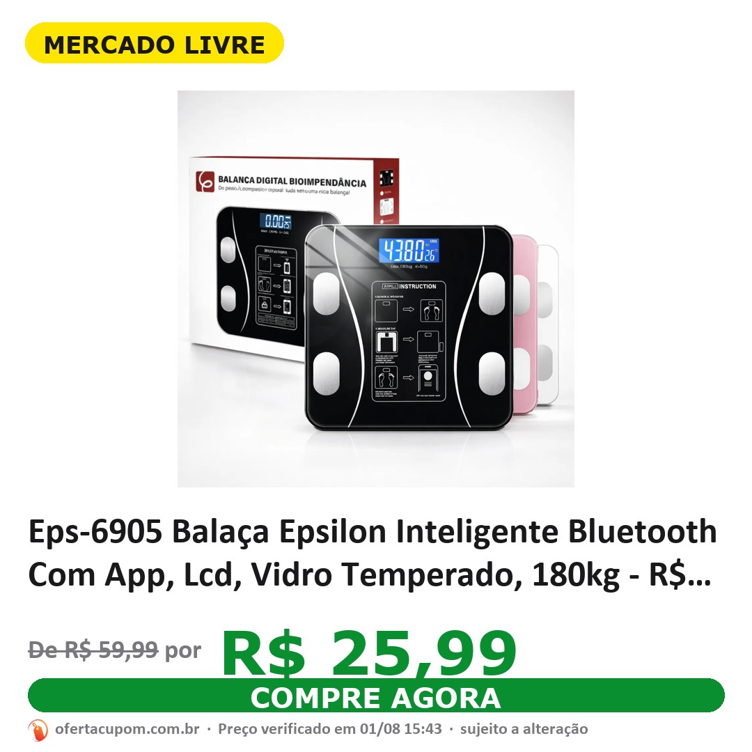 Eps-6905 Balaça Epsilon Inteligente Bluetooth Com App, Lcd, Vidro Temperado, 180kg
