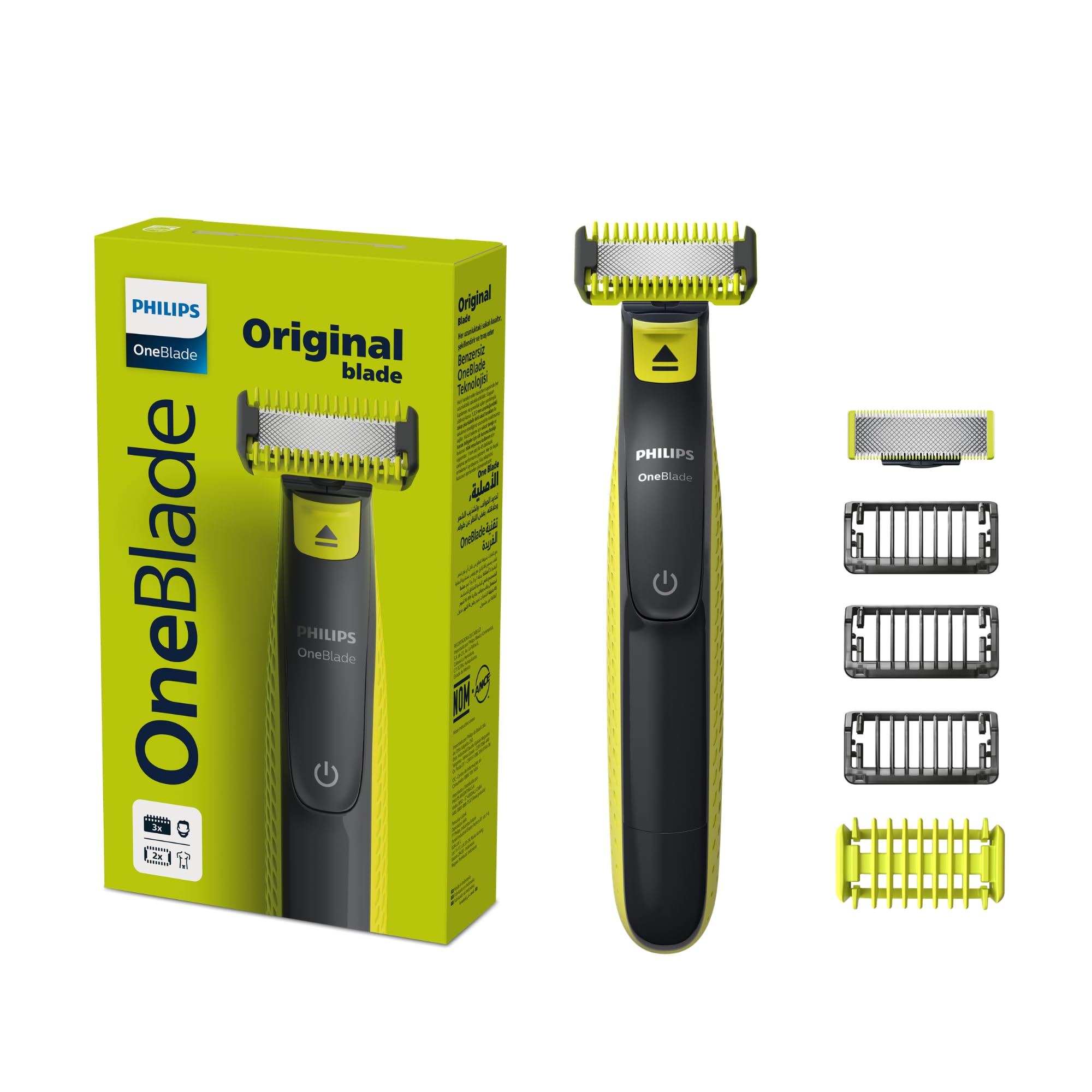 Philips OneBlade Barbeador e Aparador Elétrico para Rosto e Corpo | Barbeia e apara rosto e corpo sem irritar | Uso a Seco ou Molhado | Lâmina Dupla Face | 3 Pentes + Kit Proteção | QP2824/10