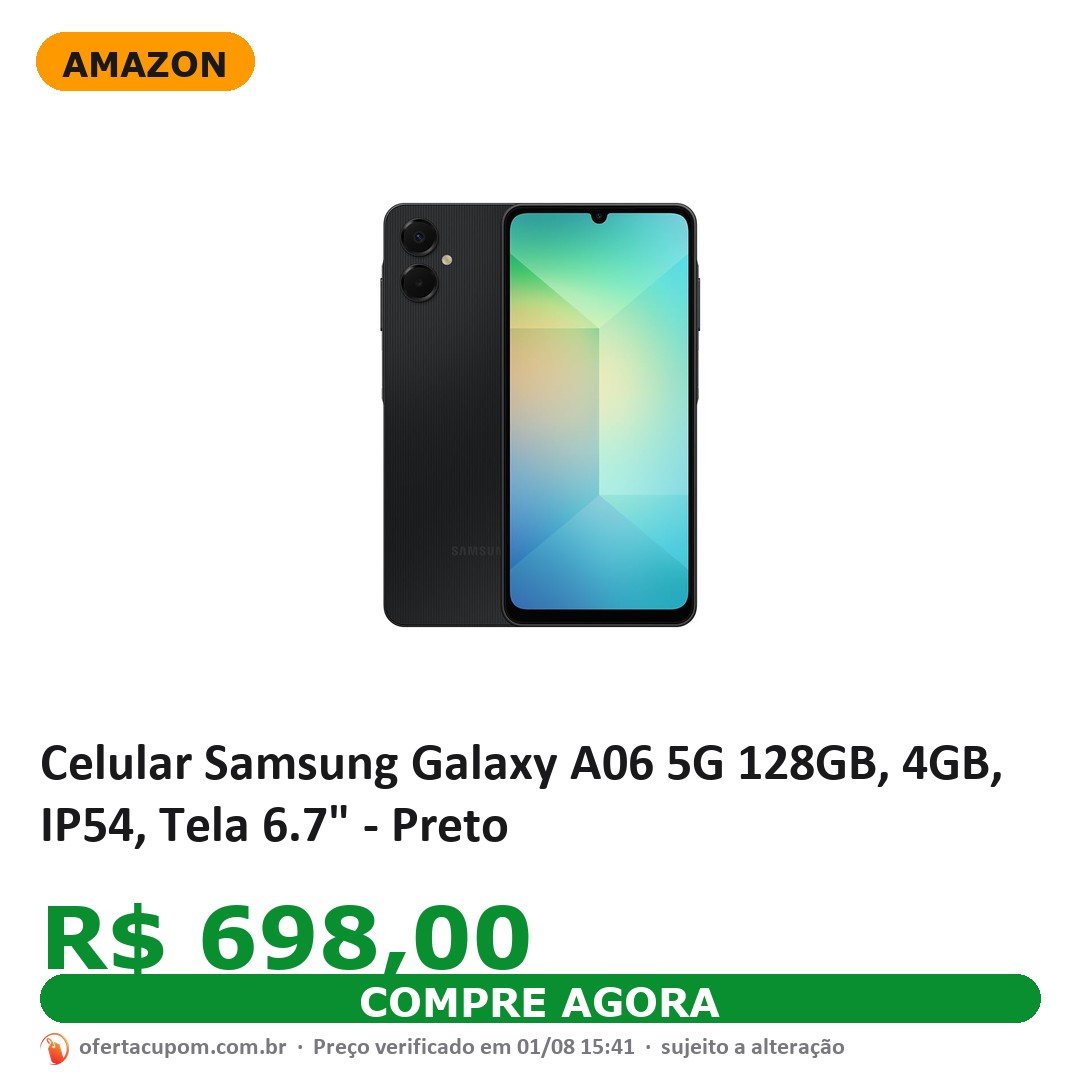 Celular Samsung Galaxy A06 5G 128GB, 4GB, IP54, Tela 6.7" - Preto