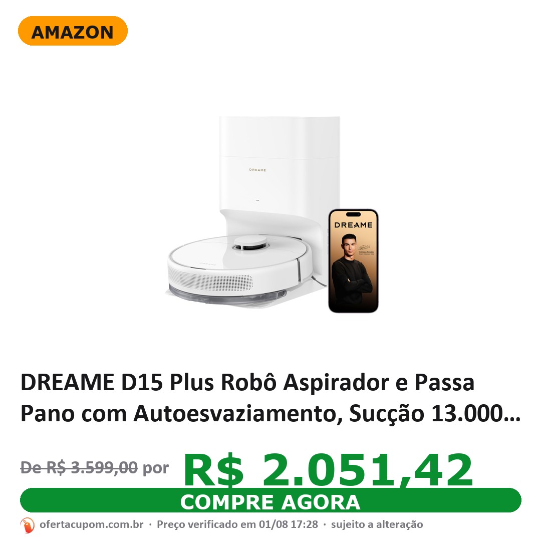 DREAME D15 Plus Robô Aspirador e Passa Pano com Autoesvaziamento, Sucção 13.000 Pa, Limpeza de Carpetes, Desvio de Obstáculos, Antienrosco, Limpeza para Pets, Bateria Longa, Compatível com Alexa, 127V