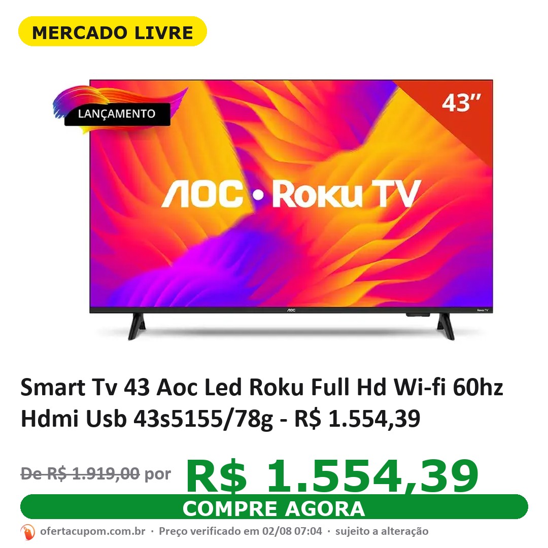 Smart Tv 43 Aoc Led Roku Full Hd Wi-fi 60hz Hdmi Usb 43s5155/78g