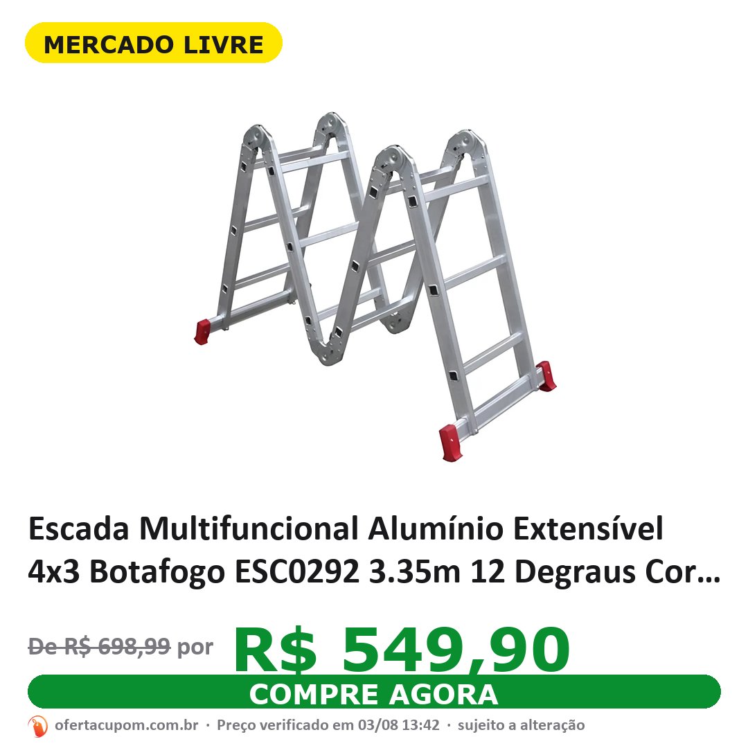 Escada Multifuncional Alumínio Extensível 4x3 Botafogo ESC0292 3.35m 12 Degraus Cor Prateado - R$ 549,9