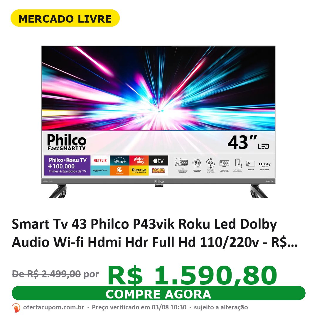 Smart Tv 43 Philco P43vik Roku Led Dolby Audio Wi-fi Hdmi Hdr Full Hd 110/220v - R$ 1.590,8