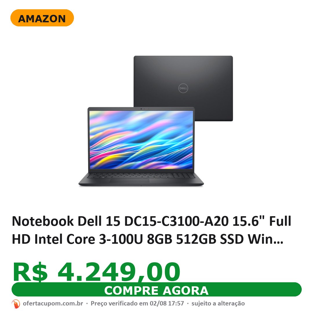 Notebook Dell 15 DC15-C3100-A20 15.6" Full HD Intel Core 3-100U 8GB 512GB SSD Win Home Preto Carbono