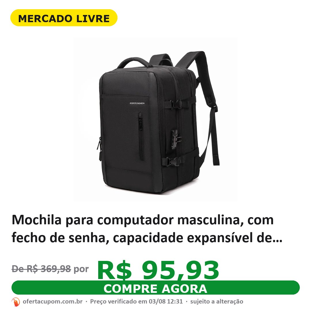 Mochila para computador masculina, com fecho de senha, capacidade expansível de 25-40L, impermeável, reforçada, com espaço para notebook e porta USB, ideal para viagens e deslocamentos diários.
