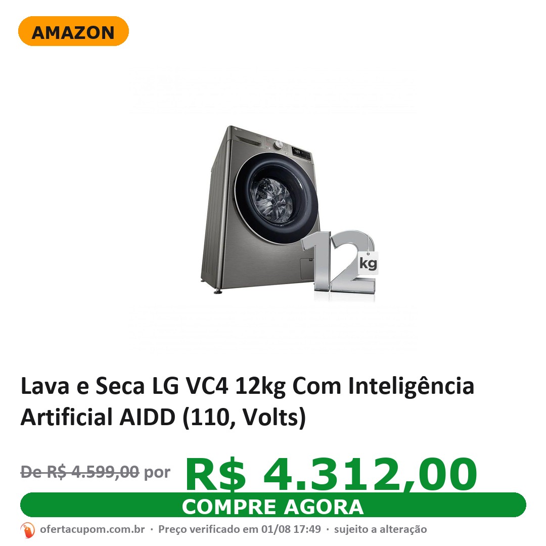 Lava e Seca LG VC4 12kg Com Inteligência Artificial AIDD (110, Volts)