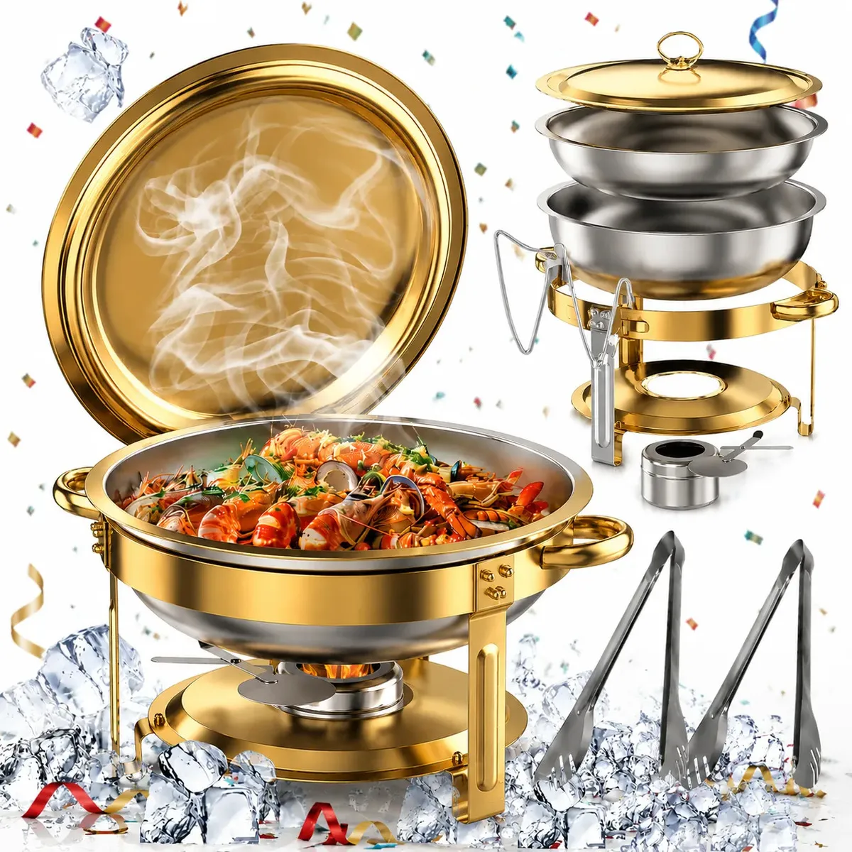 Rechaud Buffet Redondo 6L em Aço Inoxidável Dourado com Sistema Banho Maria, Tampa e Suporte, Ideal para Buffet, Restaurante, Hotel, Casamentos, Catering, Festas e Eventos - R$ 197,2