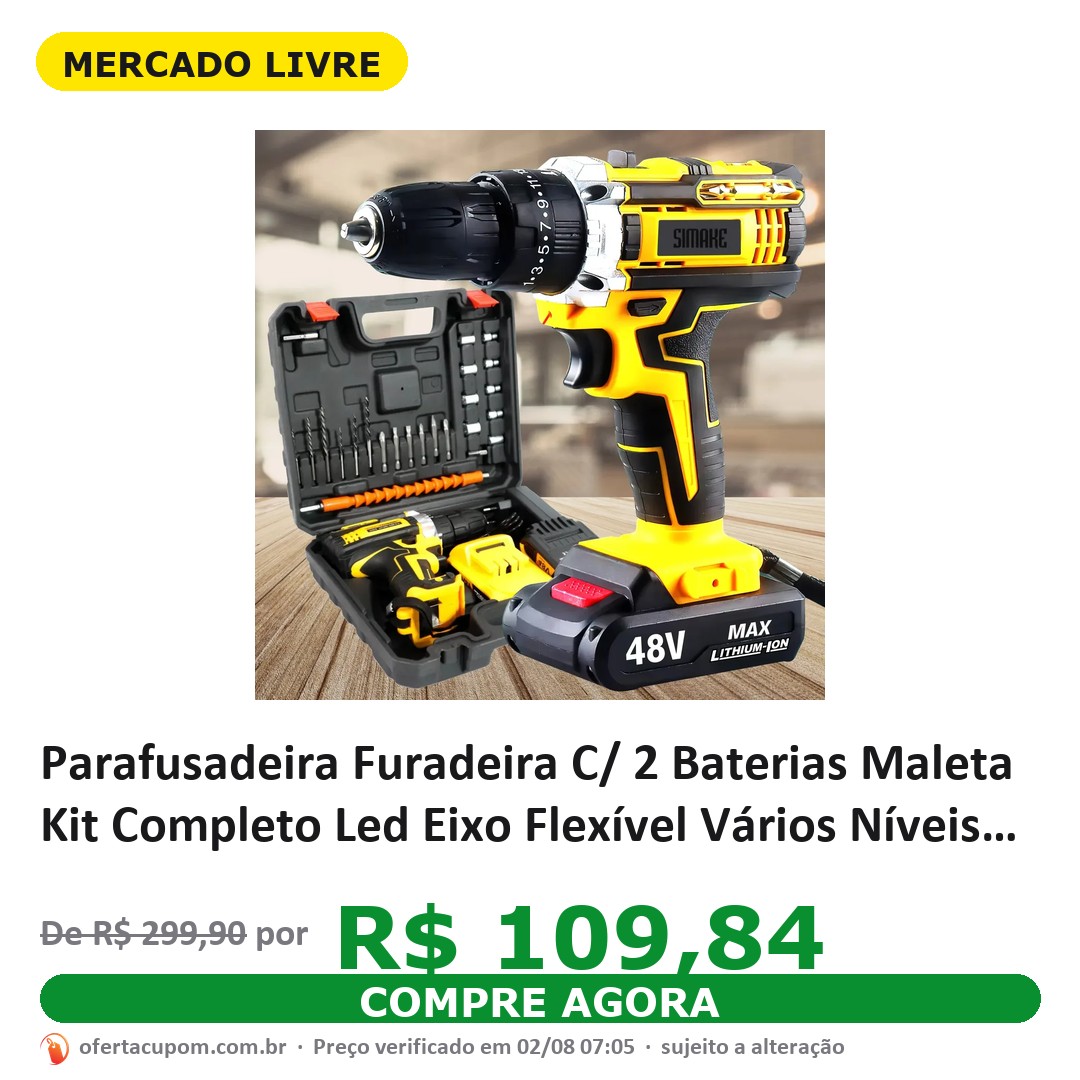 Parafusadeira Furadeira C/ 2 Baterias Maleta Kit Completo Led Eixo Flexível Vários Níveis Torque Simake