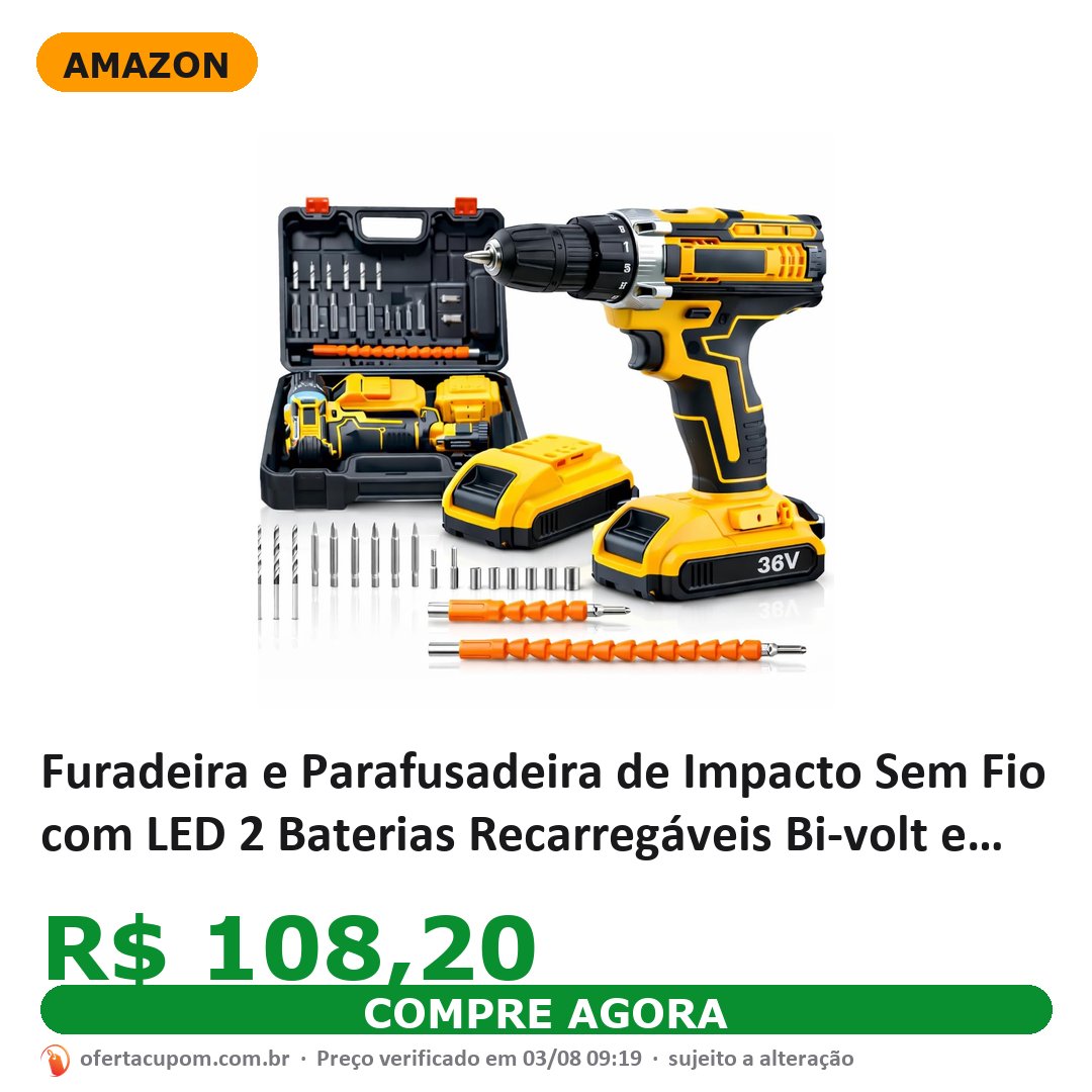 Furadeira e Parafusadeira de Impacto Sem Fio com LED 2 Baterias Recarregáveis Bi-volt e Acessórios Maleta Completa para Uso Profissional e Doméstico Linha Premium