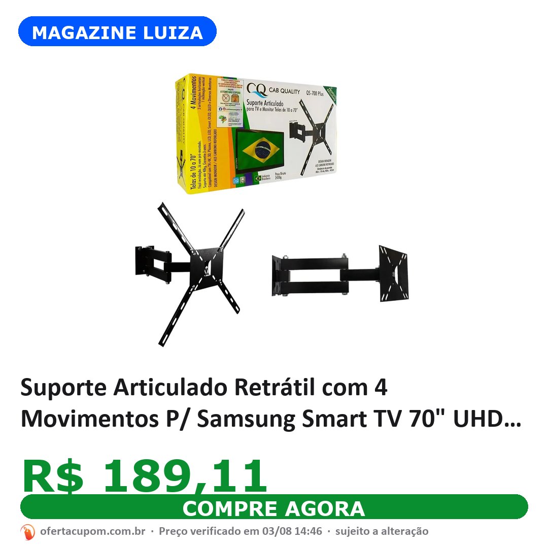 Suporte Articulado Retrátil com 4 Movimentos P/ Samsung Smart TV 70" UHD 70au7700 - Cab Quality - Suporte para TV Articulado - Magazine Luiza
