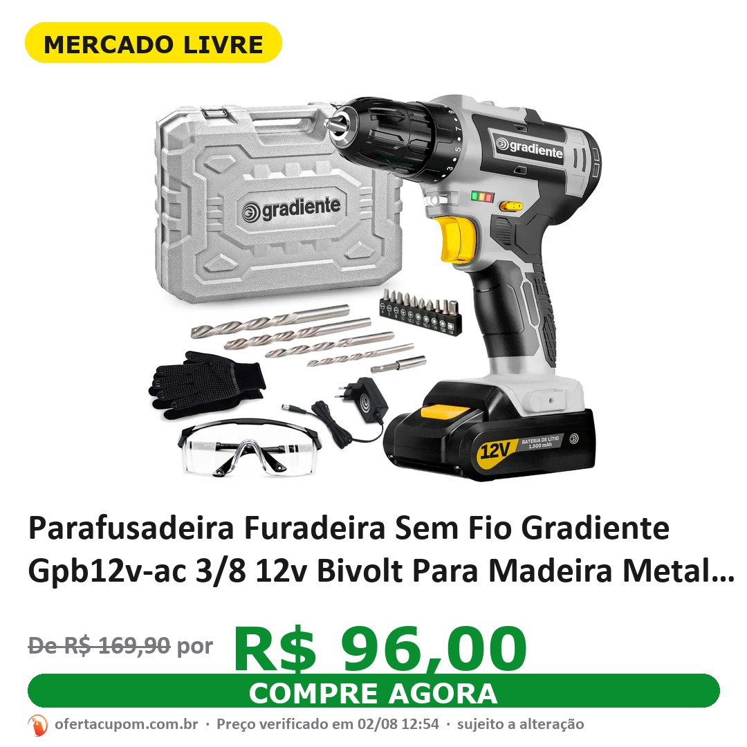 Parafusadeira Furadeira Sem Fio Gradiente Gpb12v-ac 3/8 12v Bivolt Para Madeira Metal Com Maleta E Acessórios
