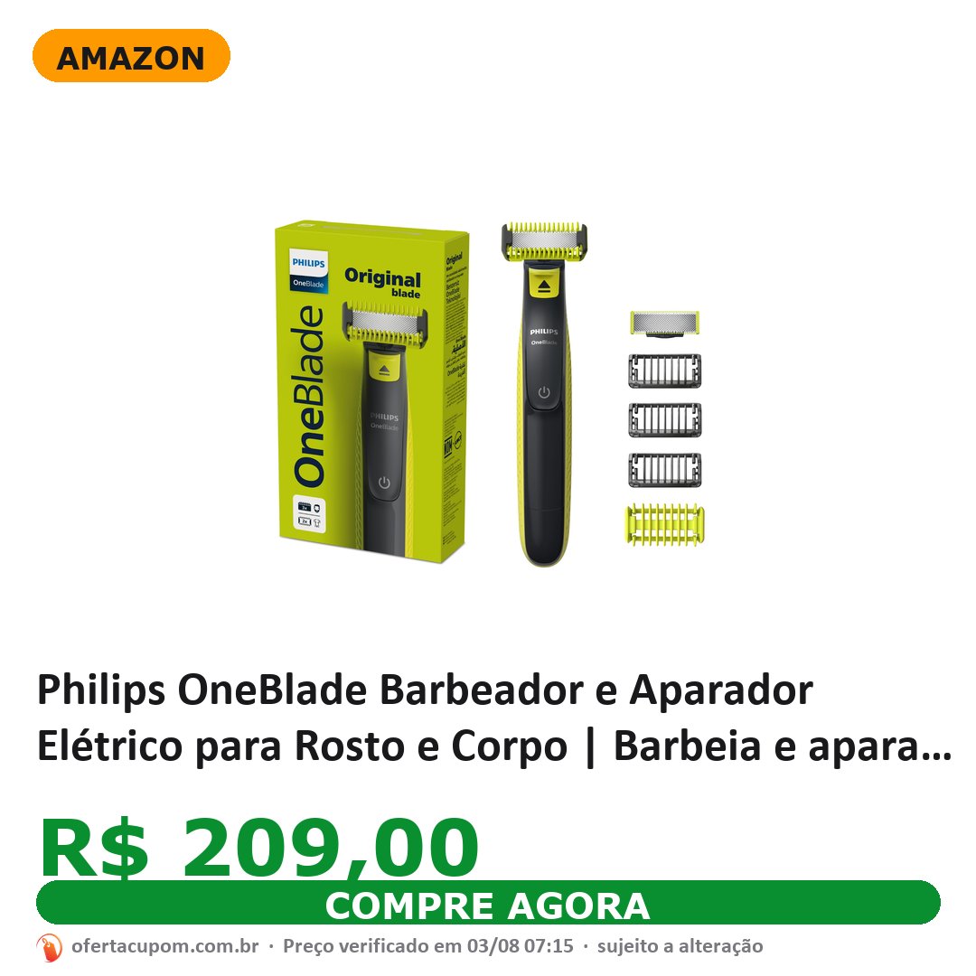 Philips OneBlade Barbeador e Aparador Elétrico para Rosto e Corpo | Barbeia e apara rosto e corpo sem irritar | Uso a Seco ou Molhado | Lâmina Dupla Face | 3 Pentes + Kit Proteção | QP2824/10