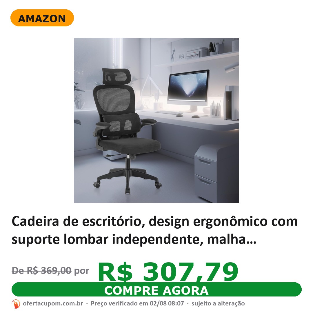 Cadeira de escritório, design ergonômico com suporte lombar independente, malha respirável e encosto de cabeça ajustável (Preto)