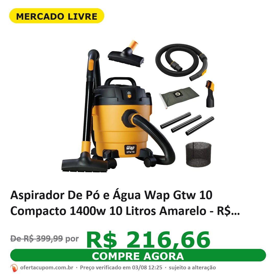 Aspirador De Pó e Água Wap Gtw 10 Compacto 1400w 10 Litros Amarelo - R$ 254,9
