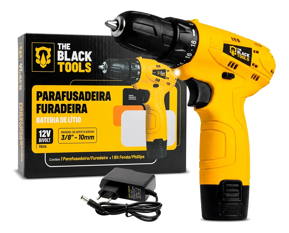 Parafusadeira Furadeira The Black Tools TB12A 3/8 a Bateria Cor Amarelo Frequência 60Hz - R$ 69,9