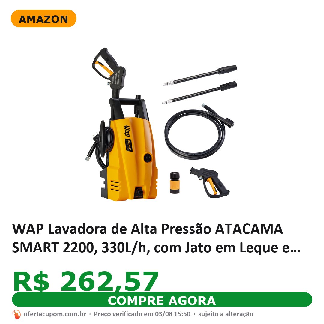 WAP Lavadora de Alta Pressão ATACAMA SMART 2200, 330L/h, com Jato em Leque e Concentrado, 1500psi 1400W 220V
