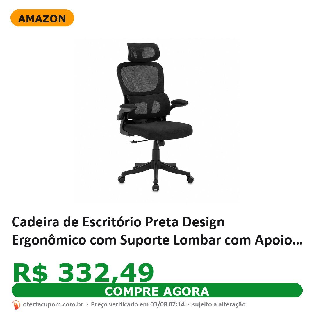Cadeira de Escritório Preta Design Ergonômico com Suporte Lombar com Apoio de Cabeça Ajustável Braços Rebatíveis 90° Malha Respirável Regulagem de Altura e Inclinação até 120° Suporta 150kg Linha GT