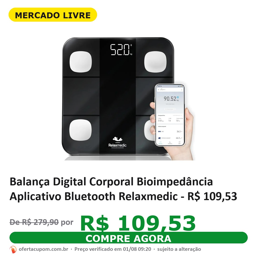 Balança Digital Corporal Bioimpedância Aplicativo Bluetooth Relaxmedic