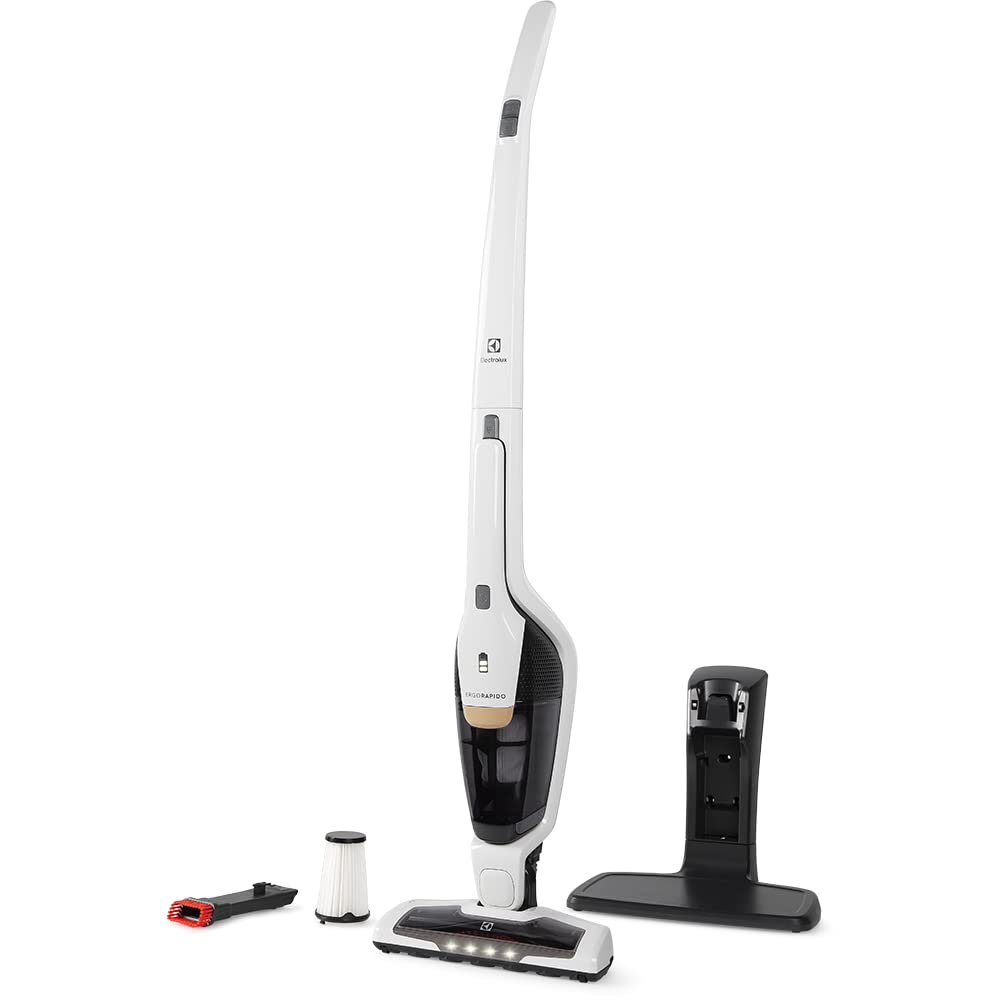 Aspirador de Pó vertical bateria Ergorapido 2 em 1 Electrolux 38 min base recarregamento luz frontal LED pedal limpeza facil da escova rotativa aspira escova capacidade 420Ml ERG25B Bivolt branco