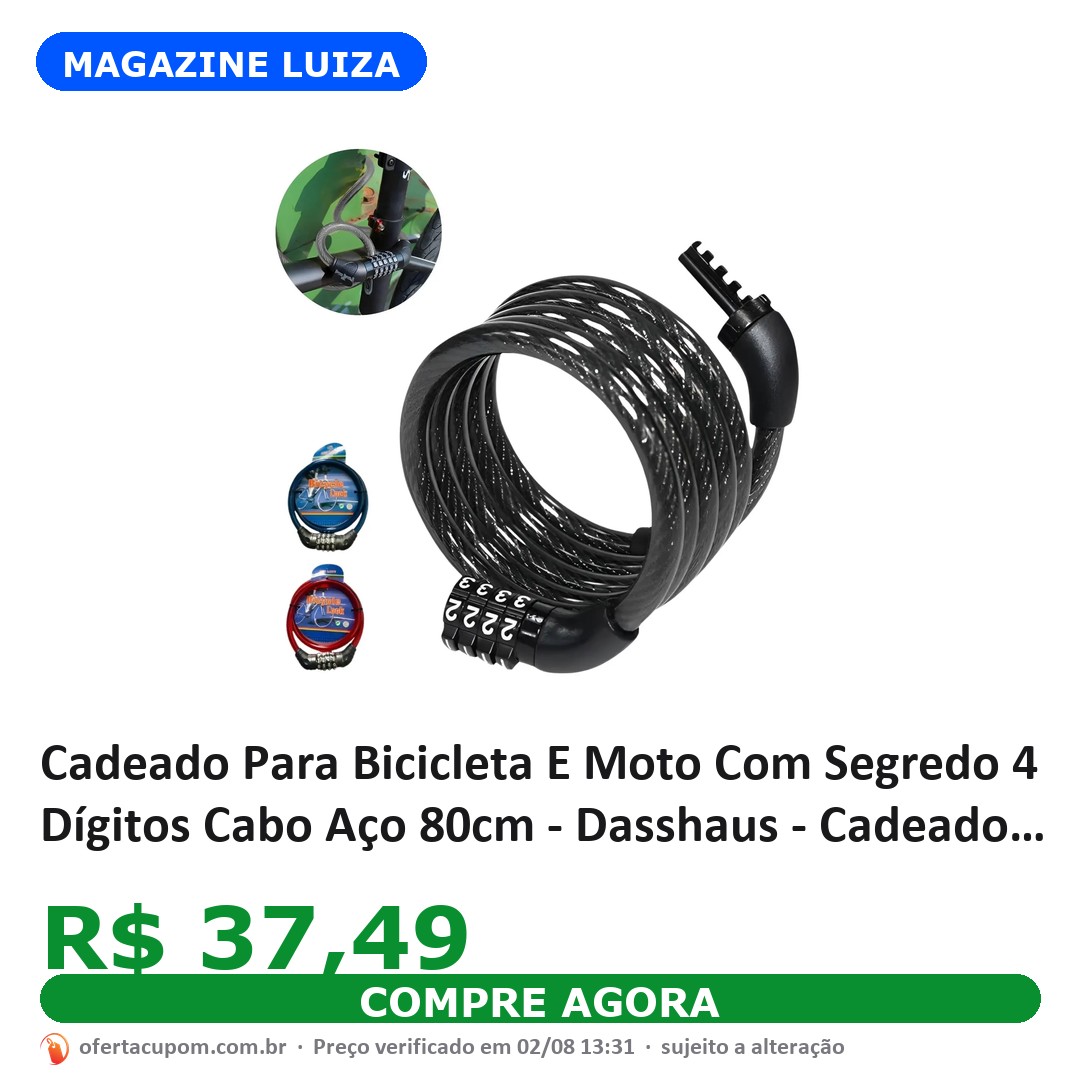 Cadeado Para Bicicleta E Moto Com Segredo 4 Dígitos Cabo Aço 80cm - Dasshaus - Cadeado para Bicicleta - Magazine Luiza
