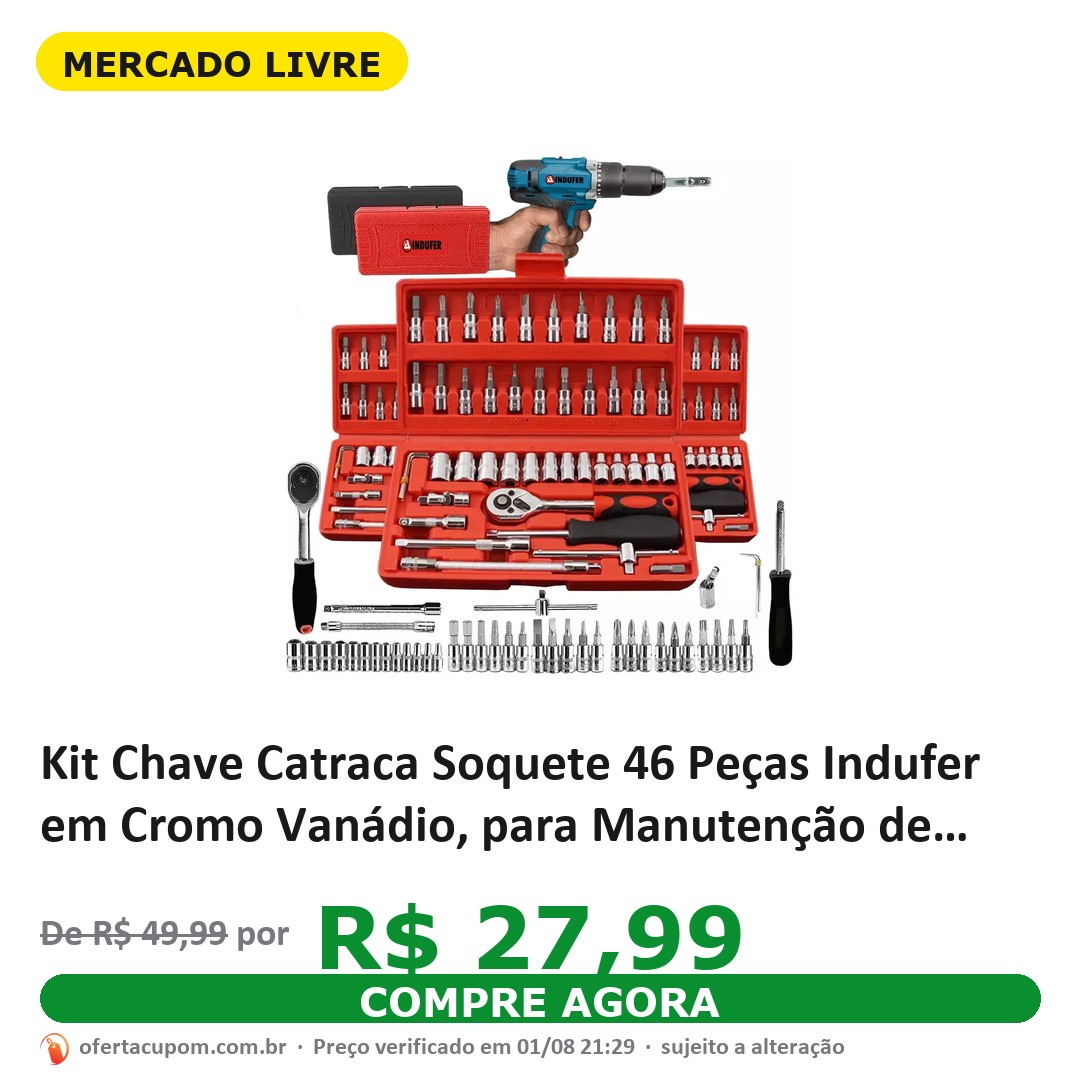Kit Chave Catraca Soquete 46 Peças Indufer em Cromo Vanádio, para Manutenção de Carros e Motos