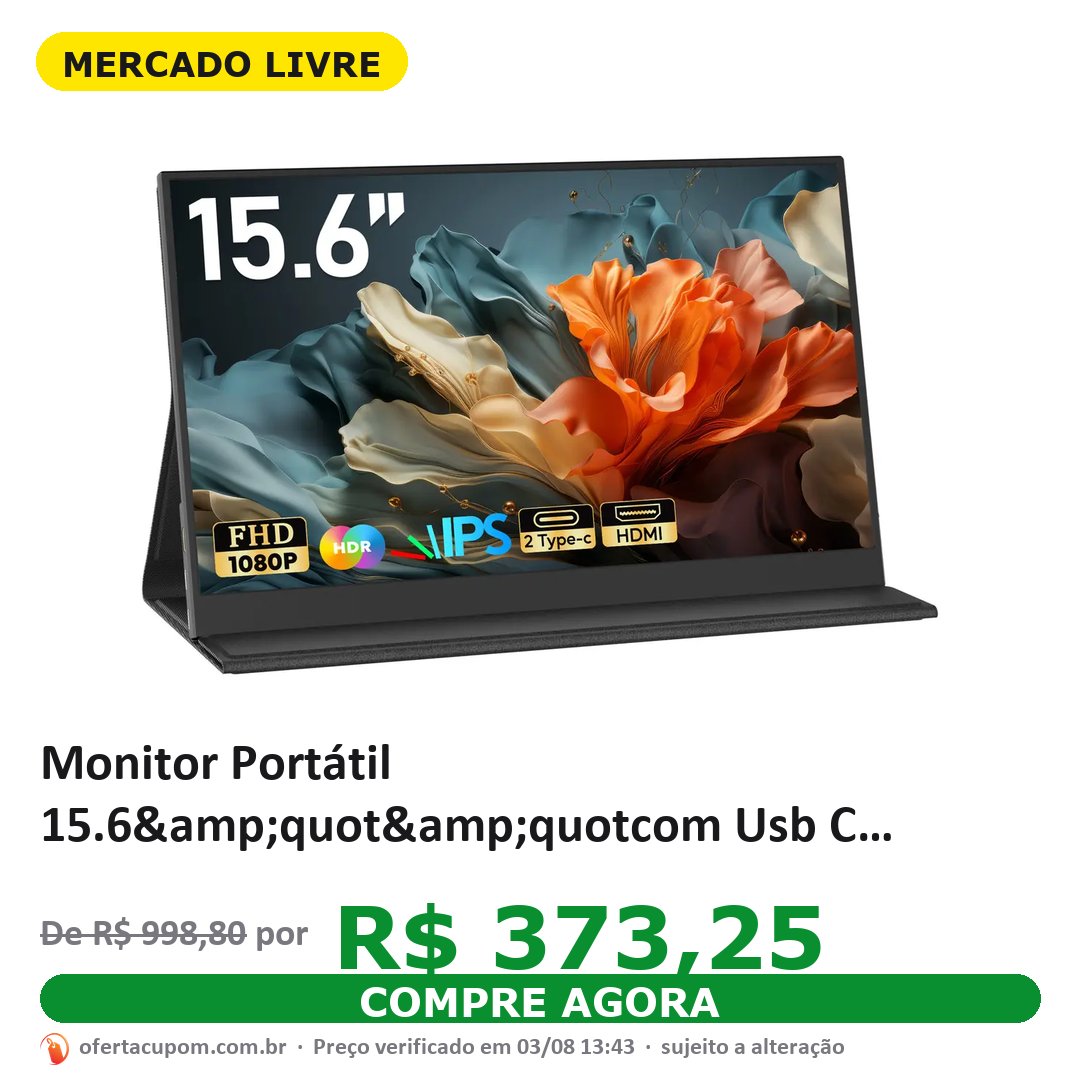 Monitor Portátil 15.6&quot&quotcom Usb C Dupla/hdmi Fhd 1080p 60hz