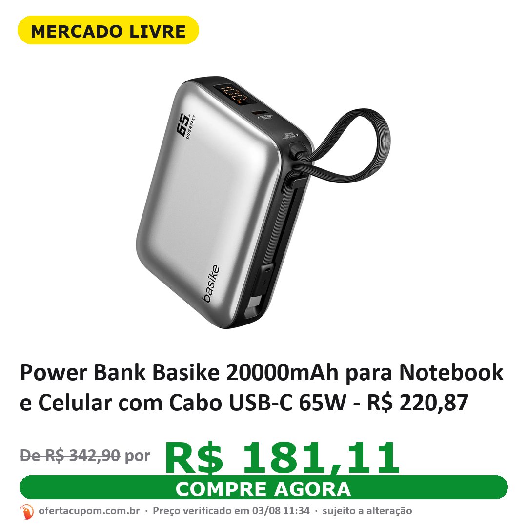 Power Bank Basike 20000mAh para Notebook e Celular com Cabo USB-C 65W