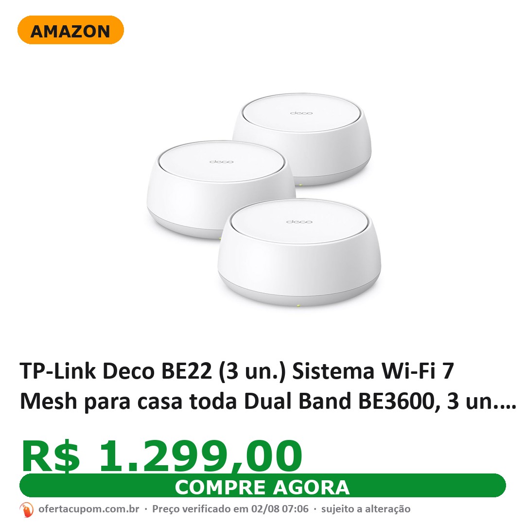 TP-Link Deco BE22 (3 un.) Sistema Wi-Fi 7 Mesh para casa toda Dual Band BE3600, 3 un. cobrem até 600 m², 150 dispositivos, 2 portas gigabit, instalação por app Deco, Mesh com IA, Homeshield
