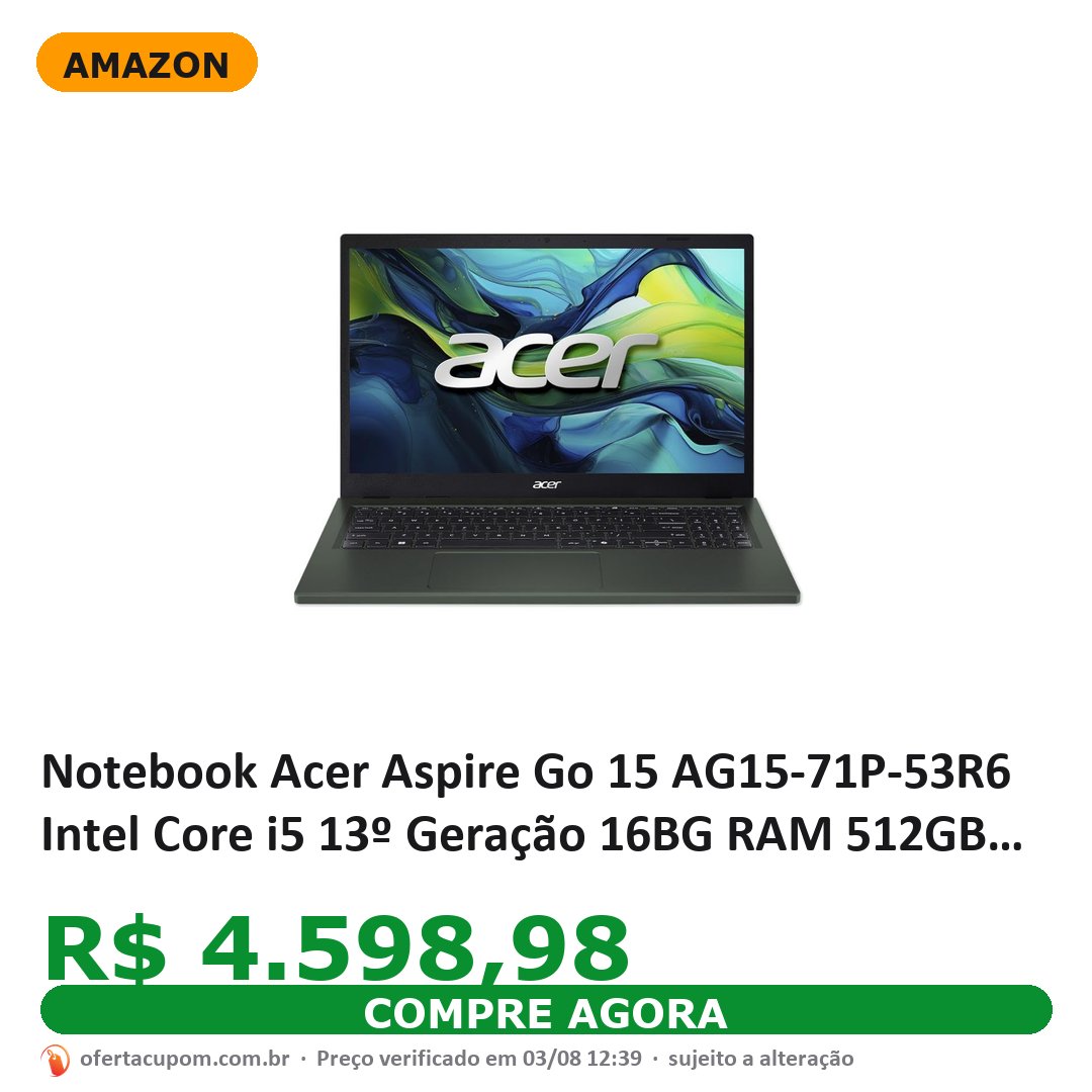 Notebook Acer Aspire Go 15 AG15-71P-53R6 Intel Core i5 13º Geração 16BG RAM 512GB SSD 15,6" Full HD Windows 11 Home