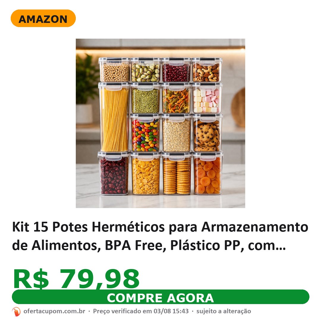 Kit 15 Potes Herméticos para Armazenamento de Alimentos, BPA Free, Plástico PP, com Travas Laterais e Vedação em Silicone, Empilháveis para Organização de Cozinha Linha Gourmet Premium