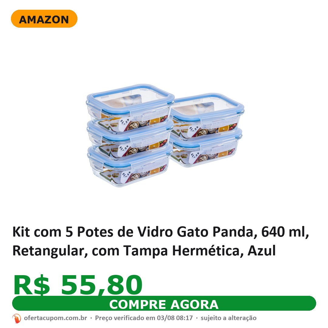 Kit com 5 Potes de Vidro Gato Panda, 640 ml, Retangular, com Tampa Hermética, Azul