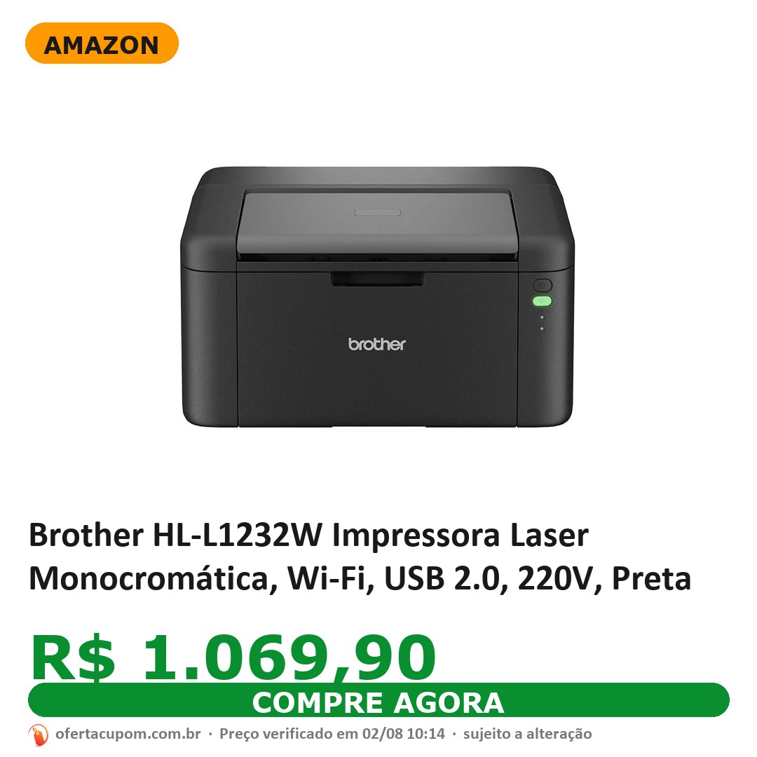 Brother HL-L1232W Impressora Laser Monocromática, Wi-Fi, USB 2.0, 220V, Preta