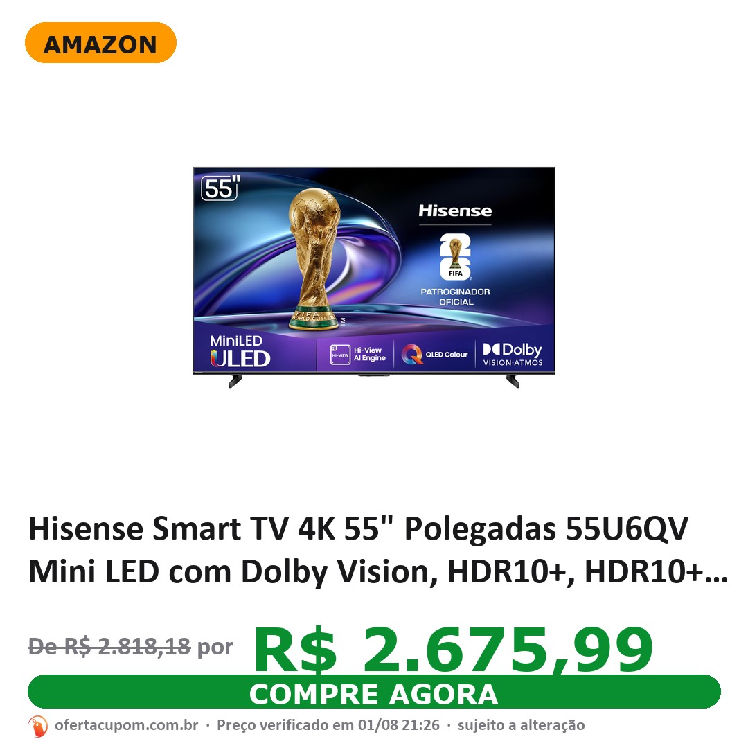Hisense Smart TV 4K 55" Polegadas 55U6QV Mini LED com Dolby Vision, HDR10+, HDR10+ Adaptive, Dolby Vision IQ, Modo FilmMaker, Dolby Atmos, Compatibilidade Alexa, Google Home