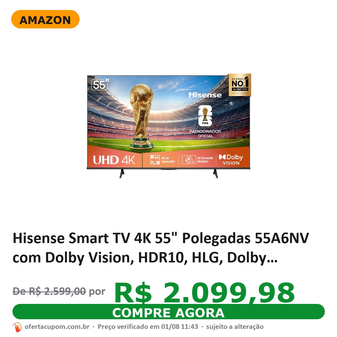 Hisense Smart TV 4K 55" Polegadas 55A6NV com Dolby Vision, HDR10, HLG, Dolby Gaming, Film Maker, DTS Virtual X, Compatibilidade Alexa e Google Home