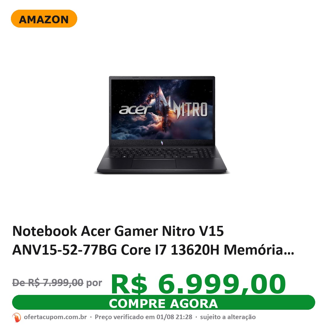 Notebook Acer Gamer Nitro V15 ANV15-52-77BG Core I7 13620H Memória Ram de 16GB DDR5 SSD NVMe 512GB Tela de 15,6" Full HD IPS Geforce RTX 4050 6GB e WIndows Home 11