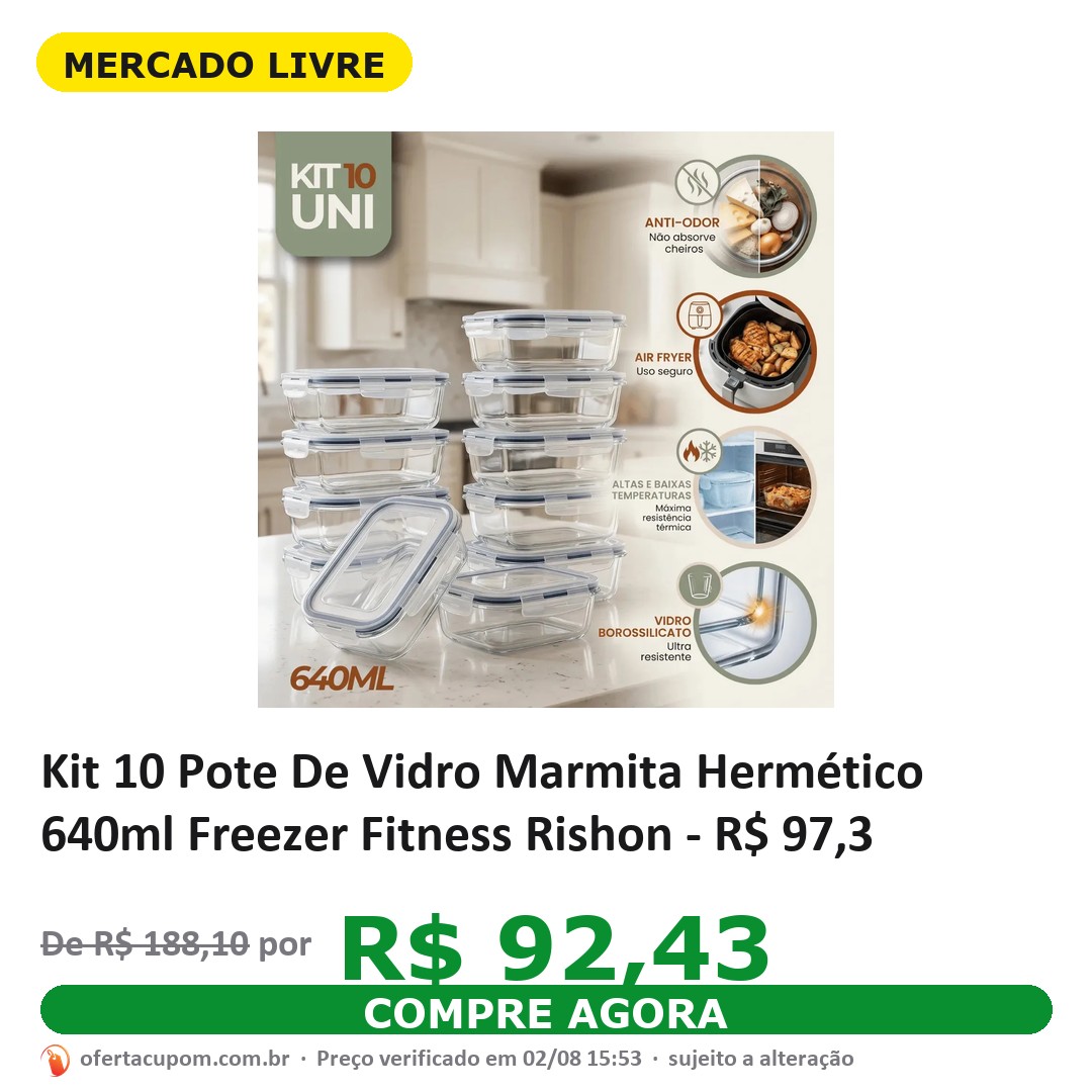 Kit 10 Pote De Vidro Marmita Hermético 640ml Freezer Fitness Rishon - R$ 97,3