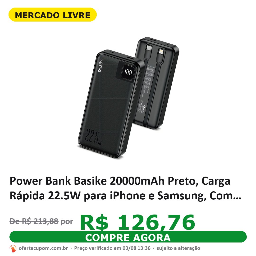 Power Bank Basike 20000mAh Preto, Carga Rápida 22.5W para iPhone e Samsung, Com Cabos Embutidos e Display