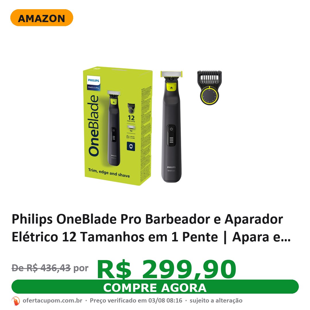 Philips OneBlade Pro Barbeador e Aparador Elétrico 12 Tamanhos em 1 Pente | Apara e barbeia com precisão | Display Indicador de Bateria | Lâmina Dupla Face | À prova d'água | QP6532/10