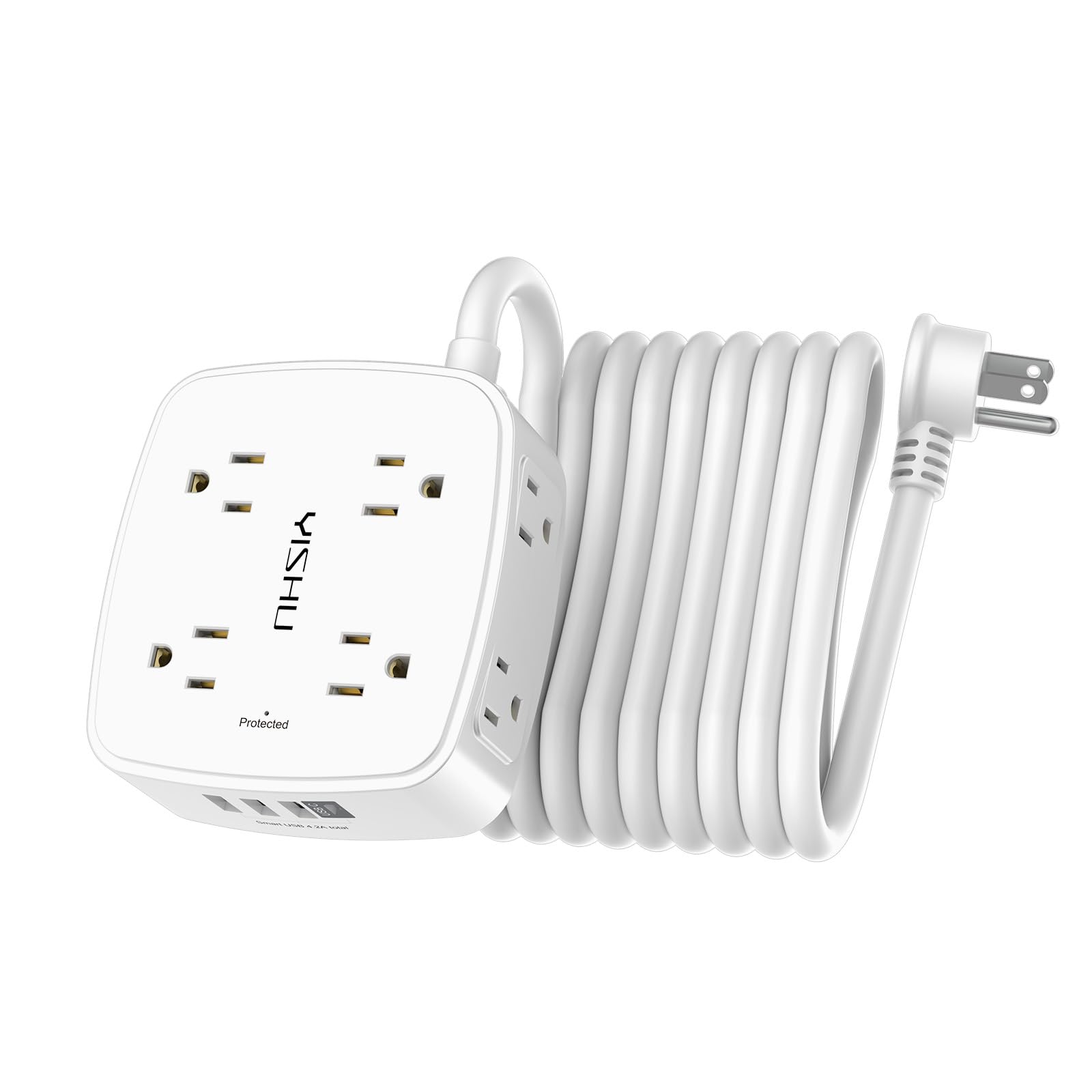 Filtro de linha de 4,5 m – 8 tomadas amplas com 4 portas USB, extensor de 3 saídas laterais com cabo de extensão de 3 metros, plugue plano, suporte de parede, estação de carregamento USB de mesa, ETL