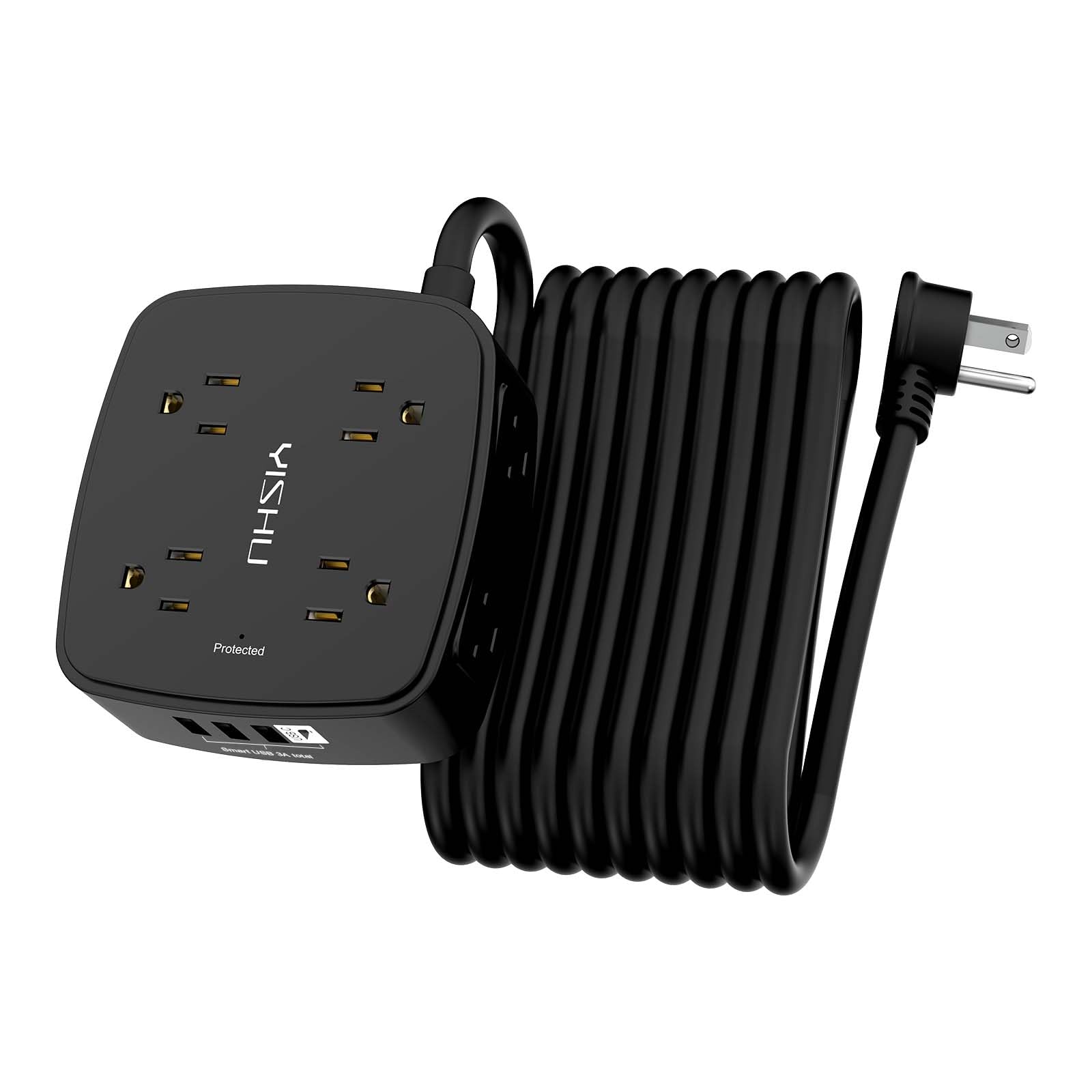 Filtro de linha de 6 m – 8 tomadas amplas com 4 portas USB, extensor de 3 saídas laterais com cabo de extensão de 6 metros, plugue plano, suporte de parede, estação de carregamento USB de mesa, ETL