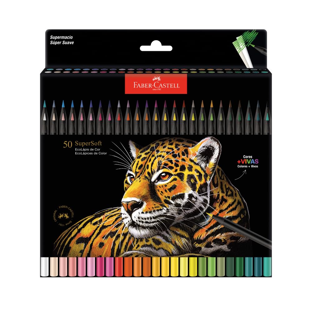Faber-Castell Lápis De Cor Supersoft com 50 Cores - Ecolápis super mácio com cores mais vivas, excelente cobertura
